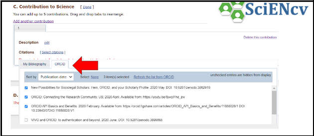 Figure 3: An example of how researchers can choose which works information they want to import from ORCID into their SciENcv biosketch (Step 2) Figure 3: An example of how researchers can choose which works information they want to import from ORCID into their SciENcv biosketch (Step 2)